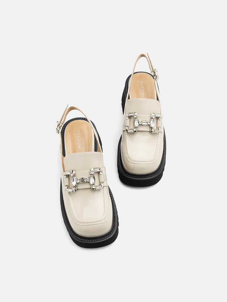 PAZZION, Yasmin Diamante Embellished Buckle Slingback Loafers, Almond