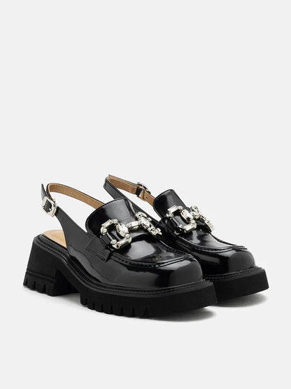 PAZZION, Yasmin Diamante Embellished Buckle Slingback Loafers, Black