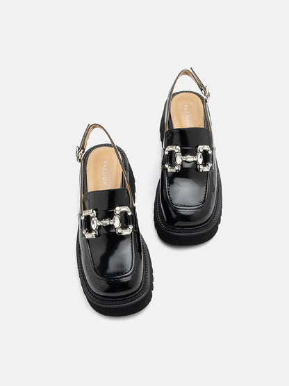 PAZZION, Yasmin Diamante Embellished Buckle Slingback Loafers, Black