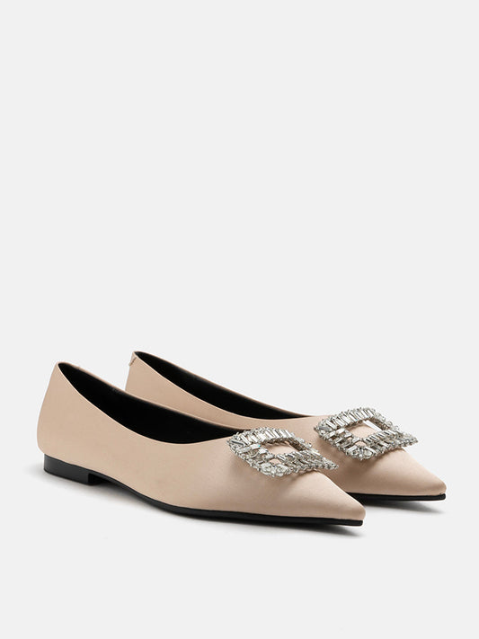 PAZZION, Yena Embellished Buckle Point-Toe Flats, Almond