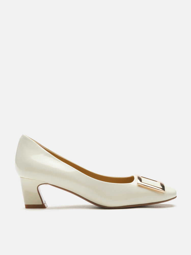 PAZZION, Yvette Buckle Square-Toe Pump Heels, Beige