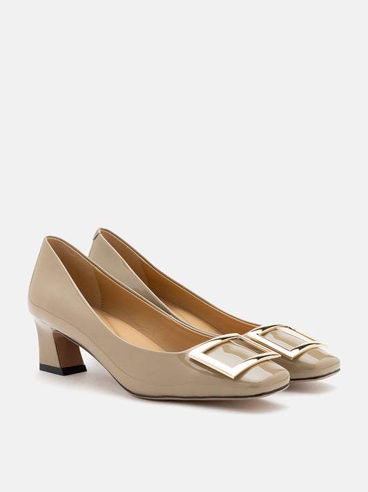 PAZZION, Yvette Buckle Square-Toe Pump Heels, Khaki