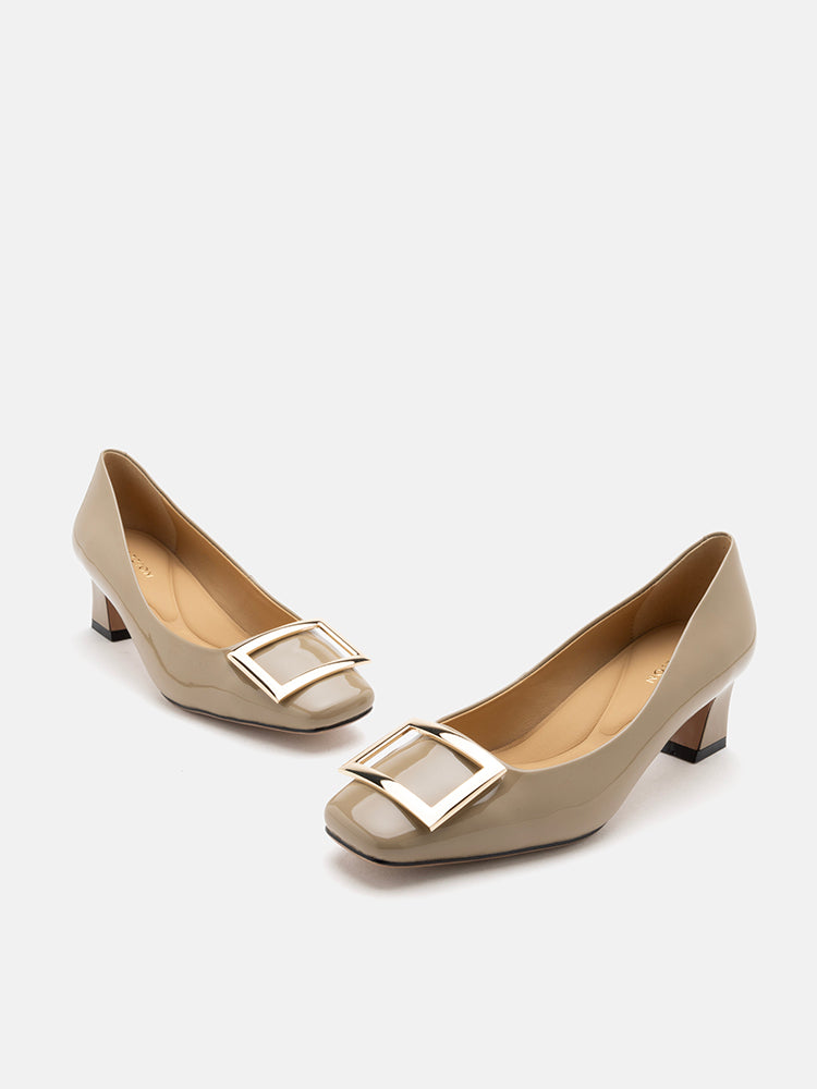 PAZZION, Yvette Buckle Square-Toe Pump Heels, Khaki