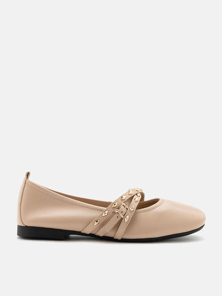 PAZZION, Zia Studded Buckle Flats, Almond