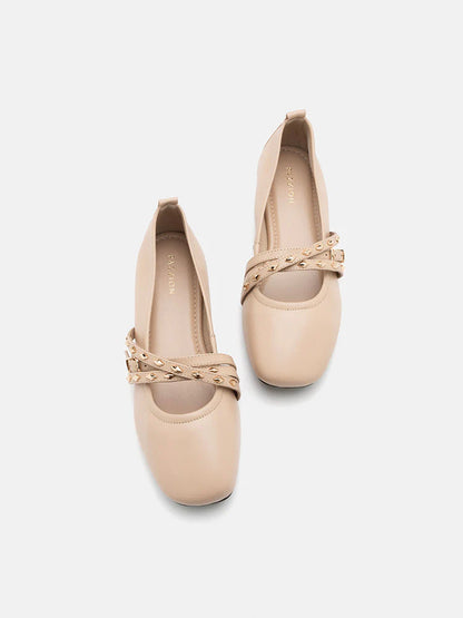 PAZZION, Zia Studded Buckle Flats, Almond