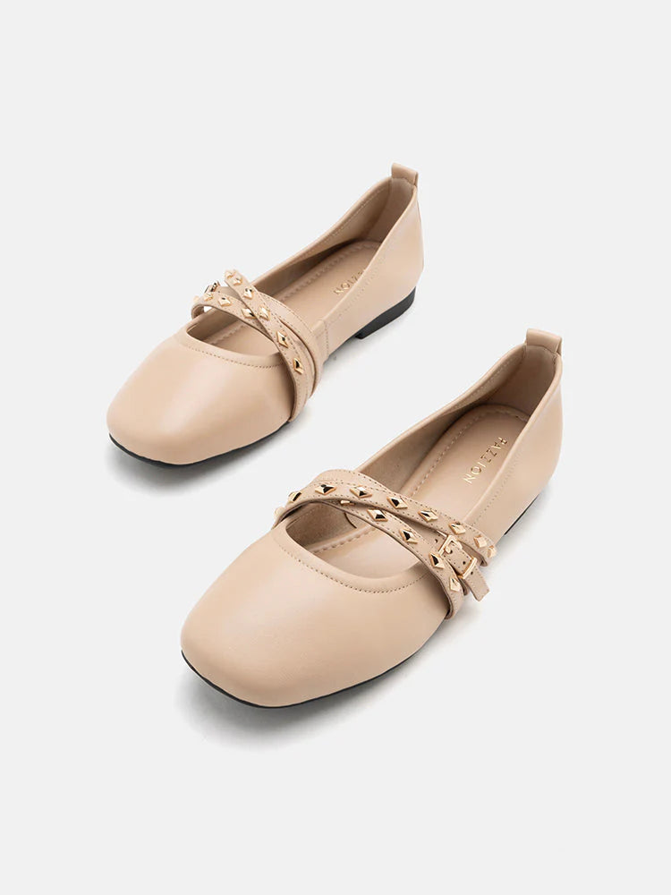 PAZZION, Zia Studded Buckle Flats, Almond