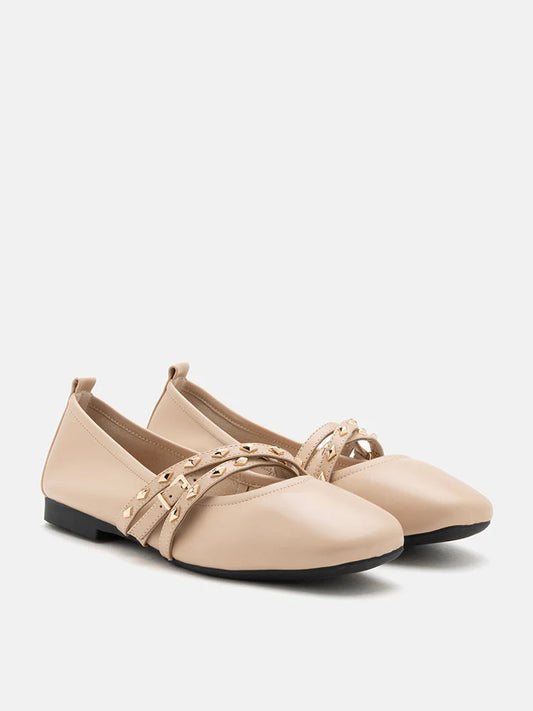 PAZZION, Zia Studded Buckle Flats, Almond