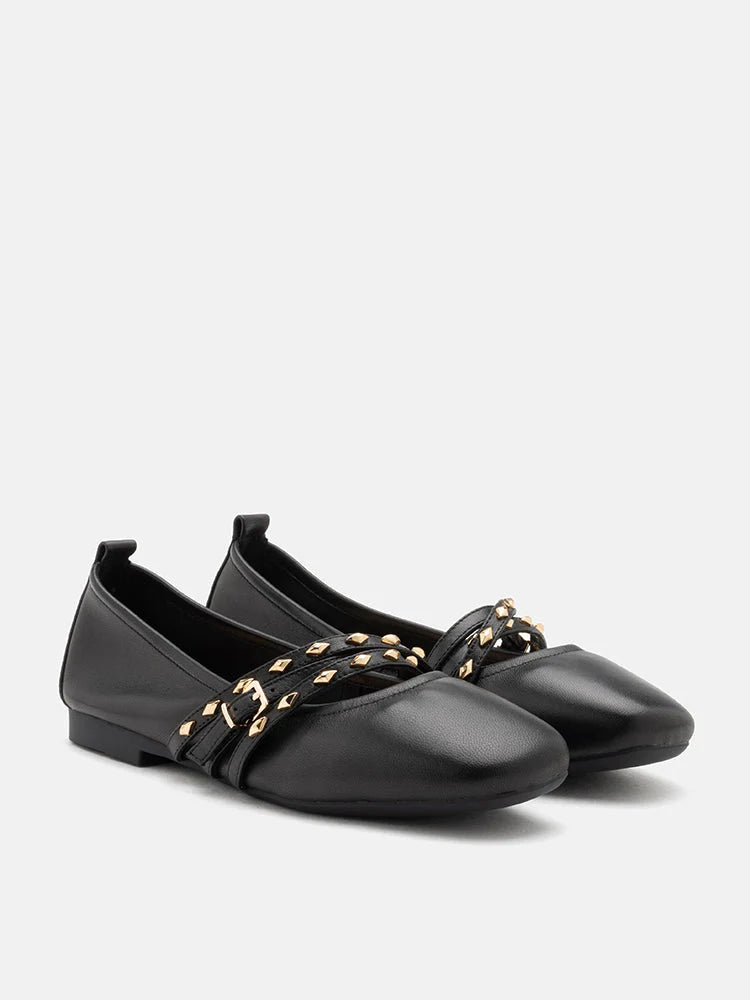 PAZZION, Zia Studded Buckle Flats, Black