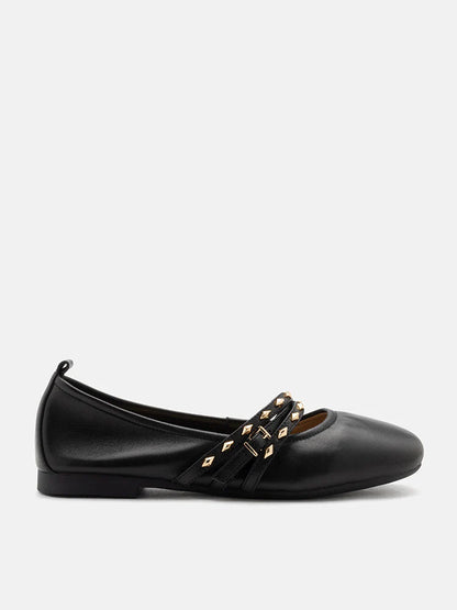 PAZZION, Zia Studded Buckle Flats, Black