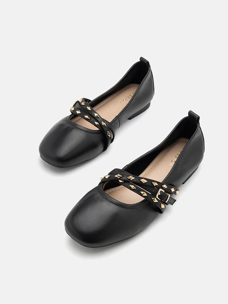 PAZZION, Zia Studded Buckle Flats, Black