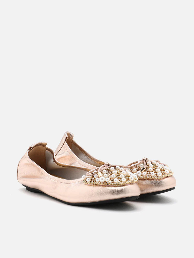 PAZZION, Zoelle Pearls and Crystal Encrusted Bow Flats, Champagne