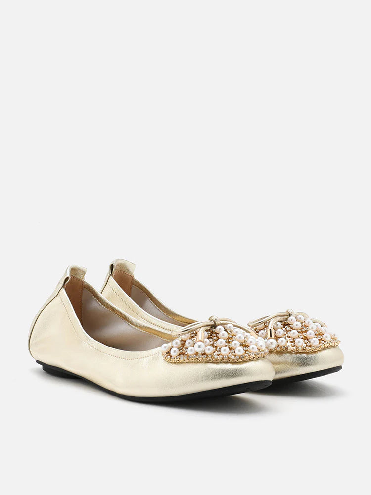 PAZZION, Zoelle Pearls and Crystal Encrusted Bow Flats, Gold