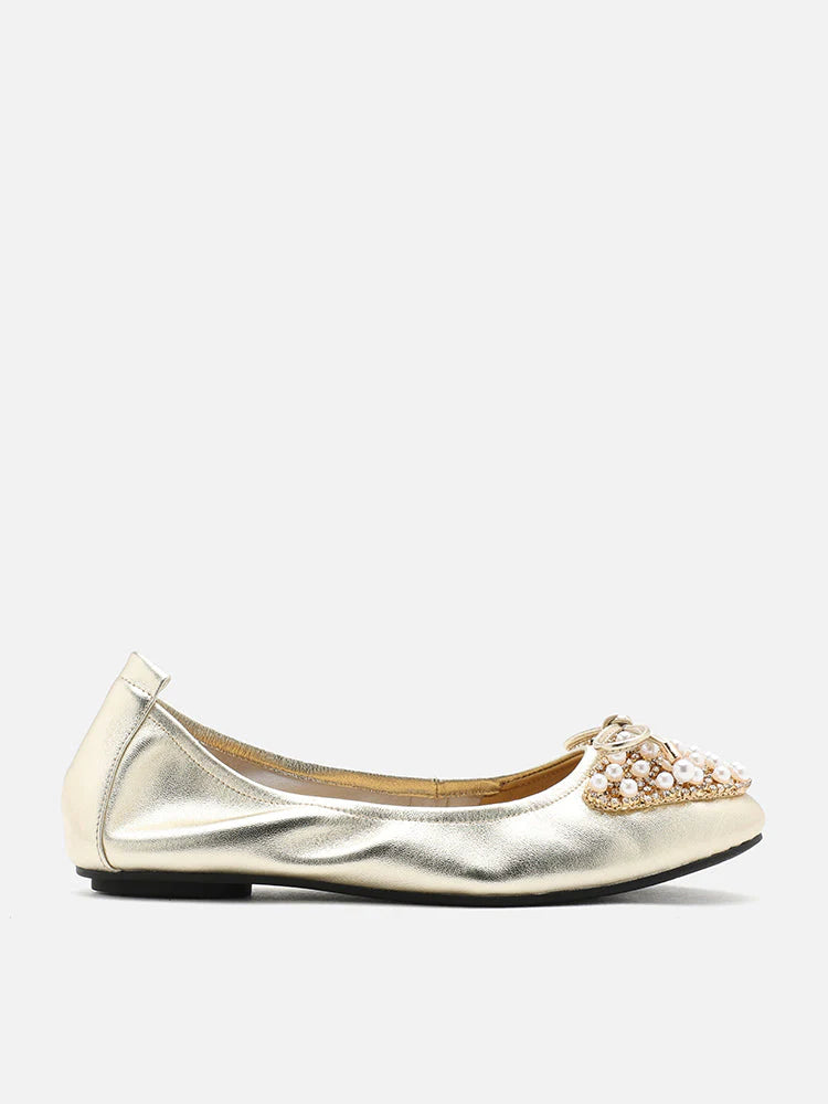 PAZZION, Zoelle Pearls and Crystal Encrusted Bow Flats, Gold