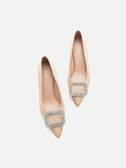 PAZZION, Adelaide Crystal Embellished Buckle High Heels, Khaki