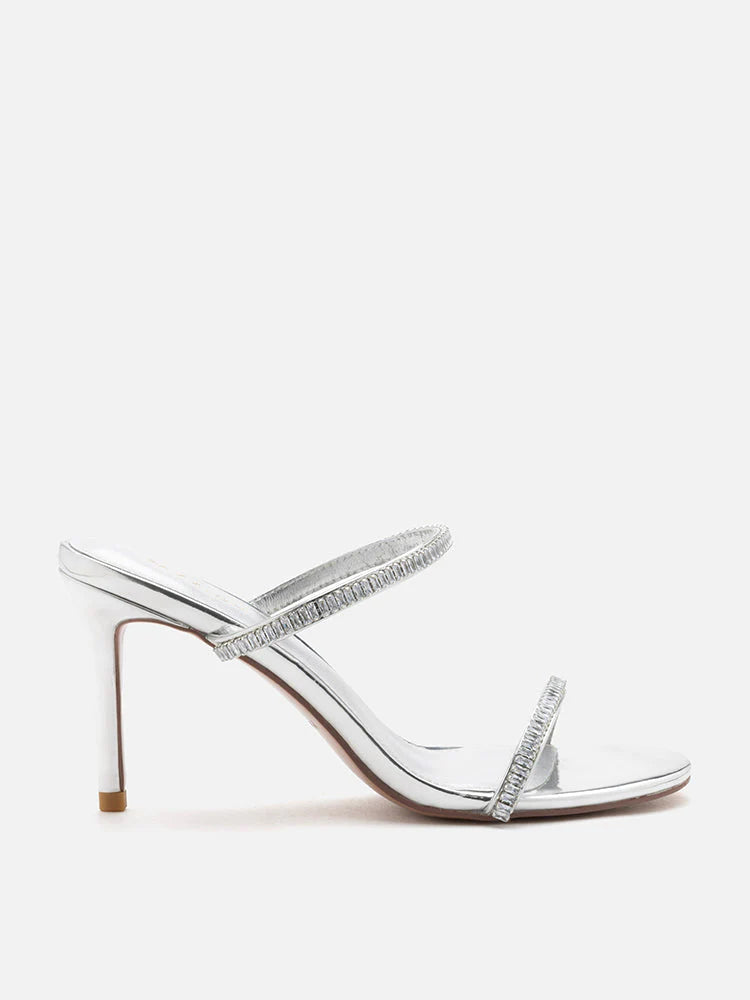 PAZZION, Annabeth Metallic Crystal Embellished Heel Sandals, Silver