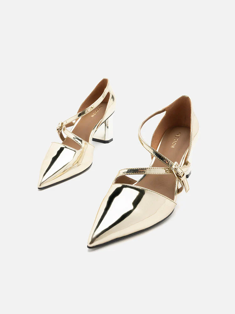 PAZZION, Kenzie Strappy Metallic Heels, Gold