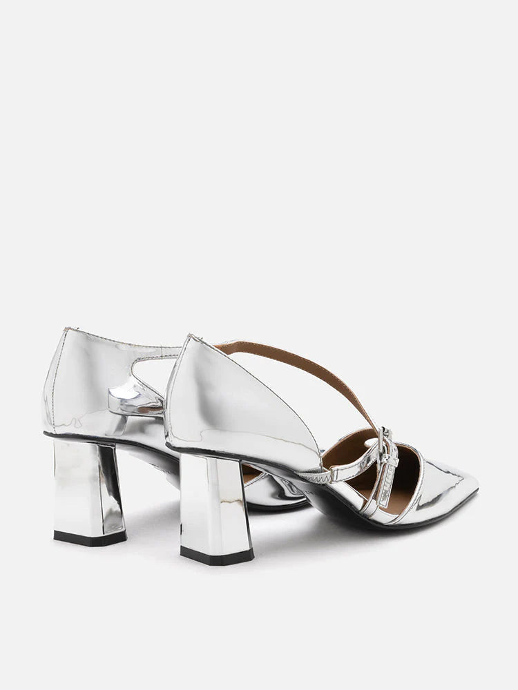 PAZZION, Kenzie Strappy Metallic Heels, Silver