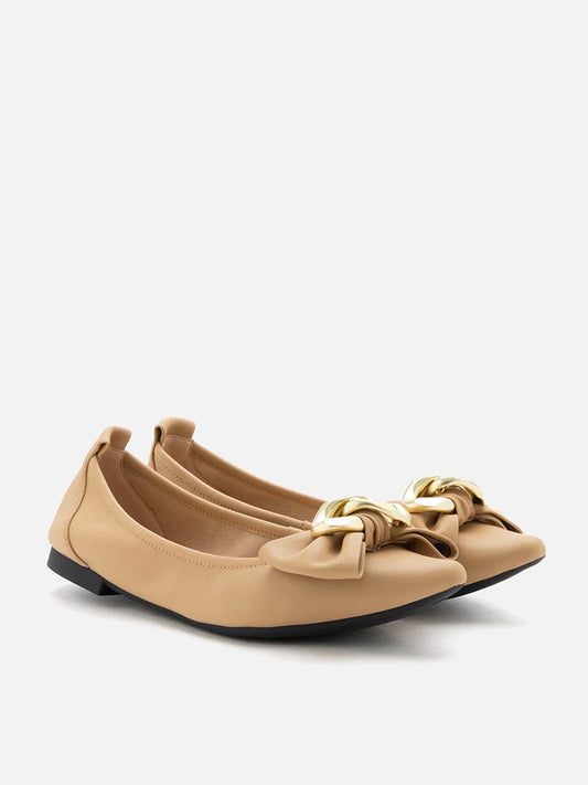 PAZZION, Quirina Gold Buckle Bow Flats, Almond