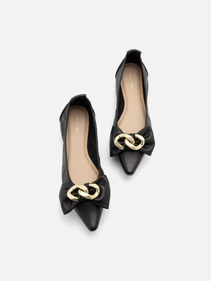 PAZZION, Quirina Gold Buckle Bow Flats, Black